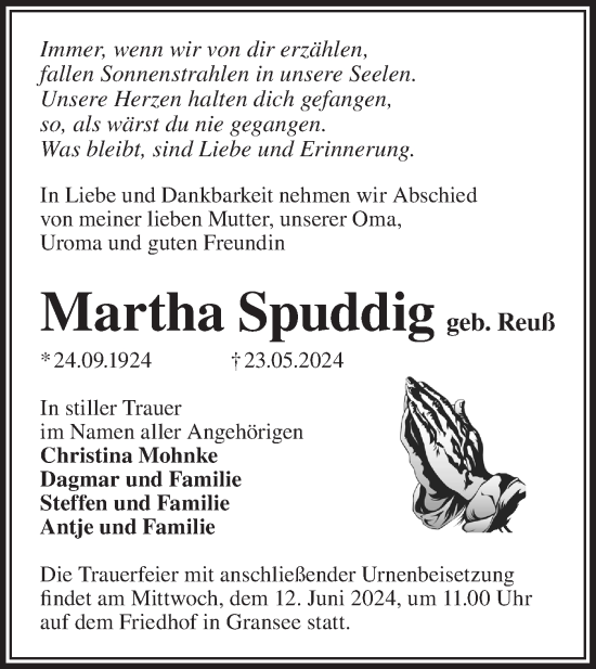 Traueranzeige von Martha Spuddig von Märkische Oderzeitung