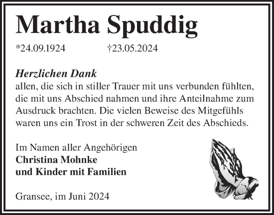 Traueranzeige von Martha Spuddig von Märkische Oderzeitung