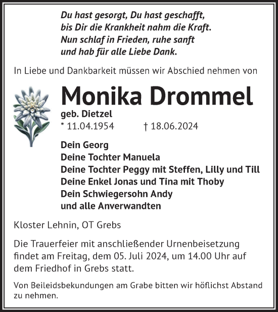 Traueranzeige von Monika Drommel von Märkische Oderzeitung