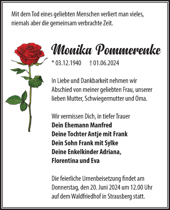 Traueranzeige von Monika Pommerenke von Märkische Oderzeitung