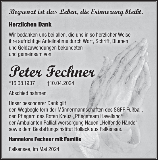 Traueranzeige von Peter Fechner von Märkische Oderzeitung