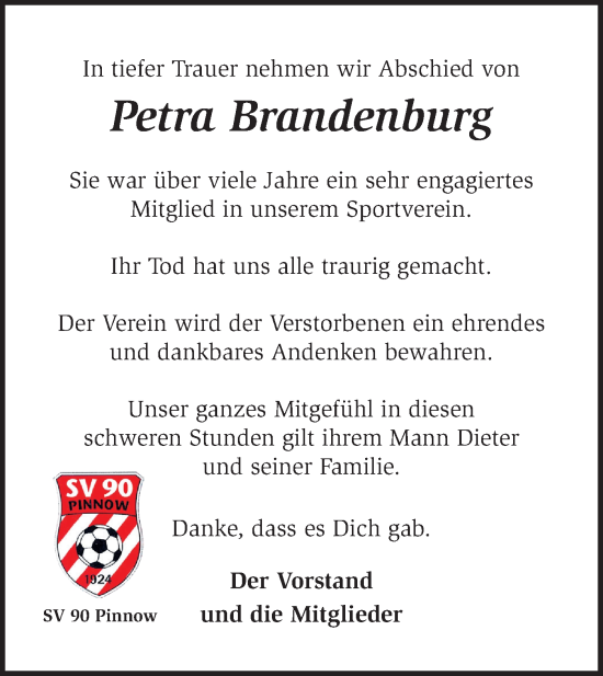Traueranzeige von Petra Brandenburg von Märkische Oderzeitung