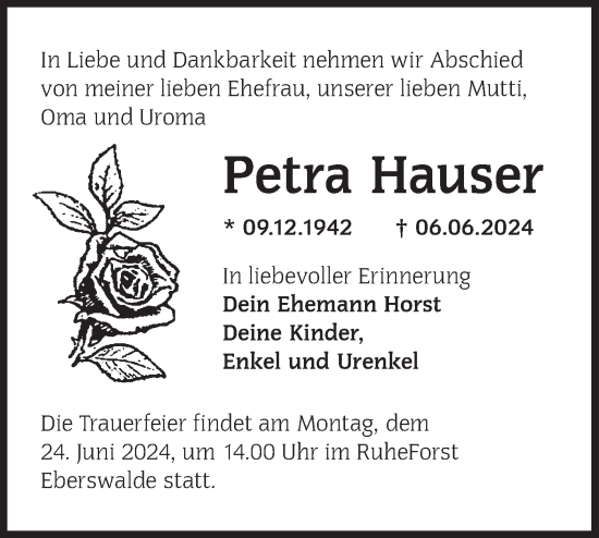 Traueranzeige von Petra Hauser von Märkische Oderzeitung