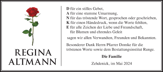 Traueranzeige von Regina Altmann von Märkische Oderzeitung