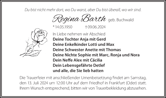 Traueranzeige von Regina Barth von Märkische Oderzeitung