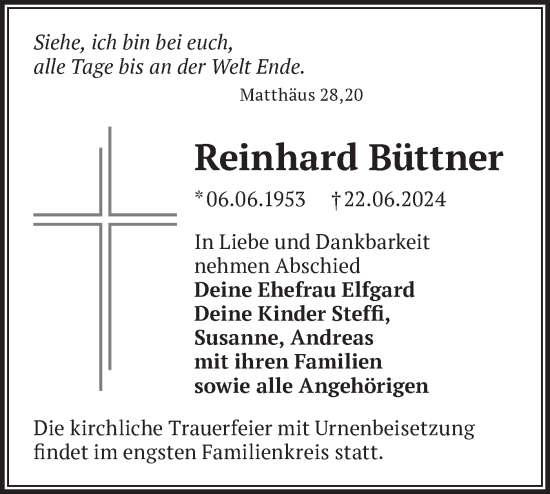Traueranzeige von Reinhard Büttner von Märkische Oderzeitung