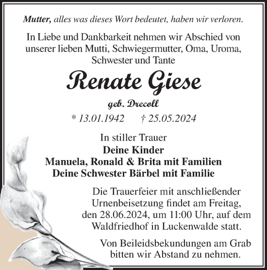 Traueranzeige von Renate Giese von Märkische Oderzeitung