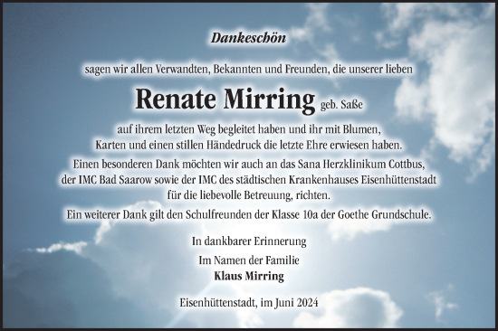 Traueranzeige von Renate Mirring von Märkische Oderzeitung