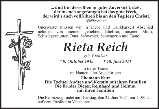 Traueranzeige von Rieta Reich von Märkische Oderzeitung