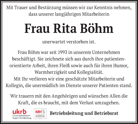 Traueranzeige von Rita Böhm von Märkische Oderzeitung