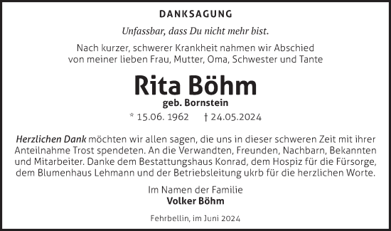 Traueranzeige von Rita Böhm von Märkische Oderzeitung