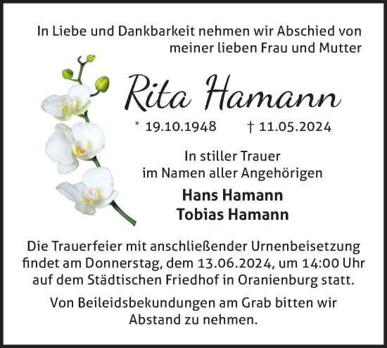 Traueranzeige von Rita Hamann von Märkische Oderzeitung