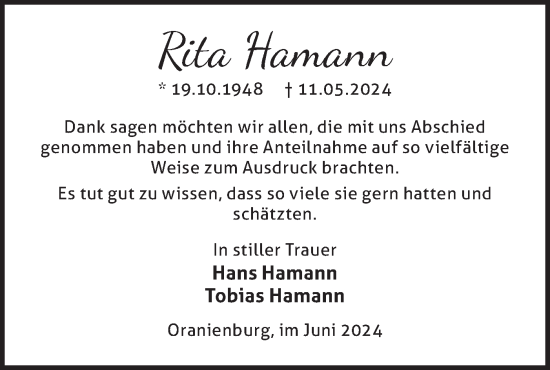 Traueranzeige von Rita Hamann von Märkische Oderzeitung