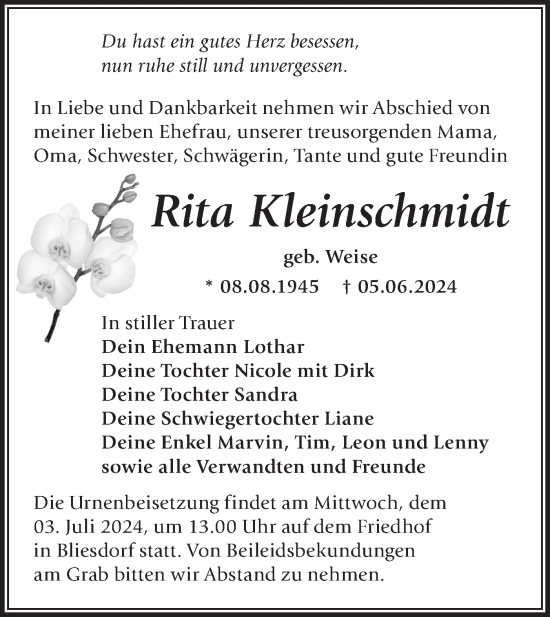 Traueranzeige von Rita Kleinschmidt von Märkische Oderzeitung