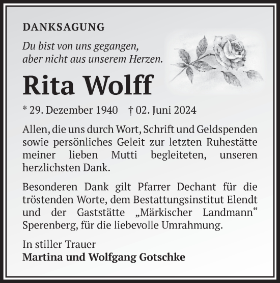 Traueranzeige von Rita Wolff von Märkische Oderzeitung