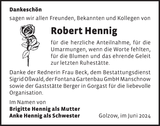 Traueranzeige von Robert Hennig von Märkische Oderzeitung