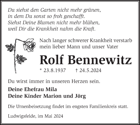 Traueranzeige von Rolf Bennewitz von Märkische Oderzeitung