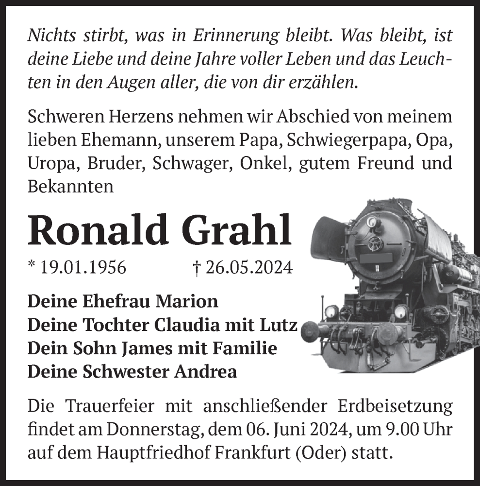  Traueranzeige für Ronald Grahl vom 01.06.2024 aus Märkische Oderzeitung