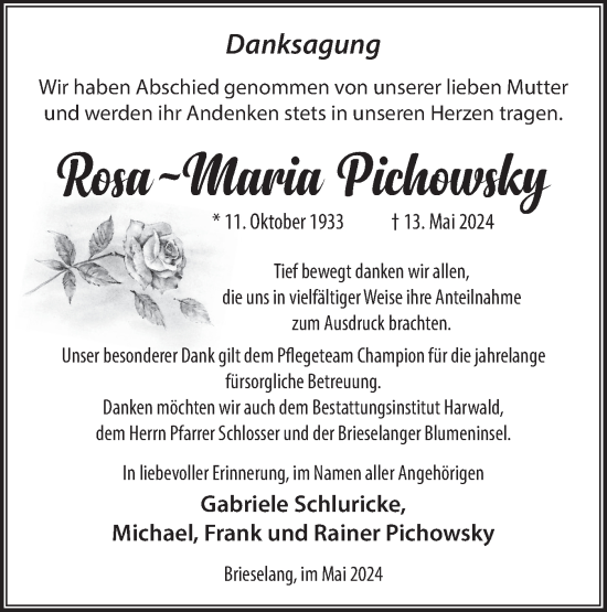 Traueranzeige von Rosa-Maria Pichowsky von Märkische Oderzeitung