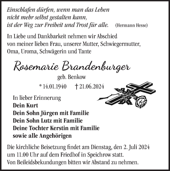 Traueranzeige von Rosemarie Brandenburger von Märkische Oderzeitung