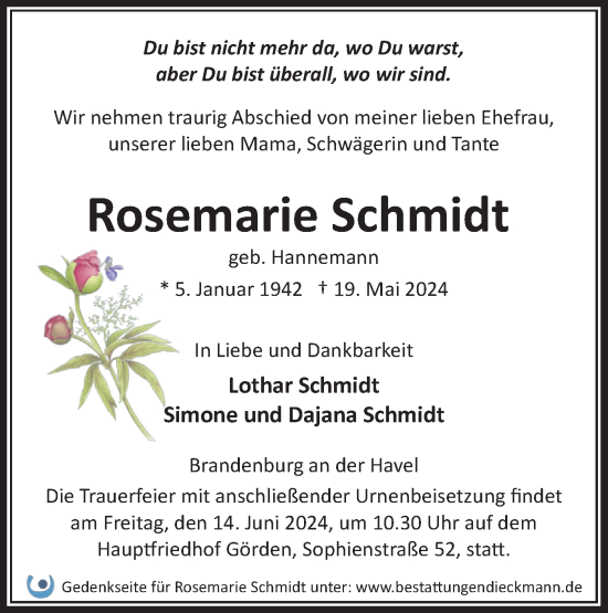 Traueranzeige von Rosemarie Schmidt von Märkische Oderzeitung