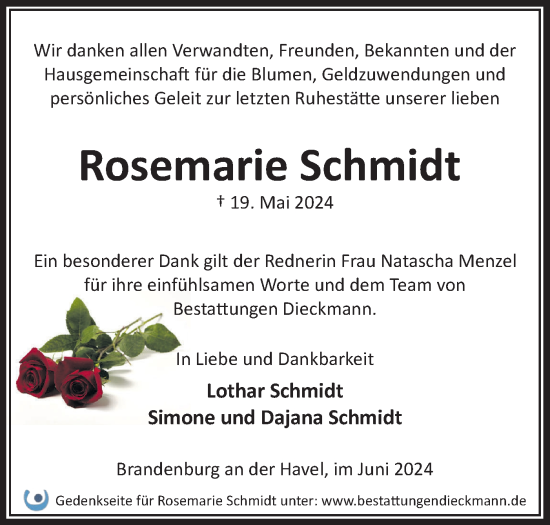 Traueranzeige von Rosemarie Schmidt von Märkische Oderzeitung