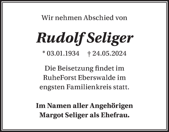 Traueranzeige von Rudolf Seliger von Märkische Oderzeitung