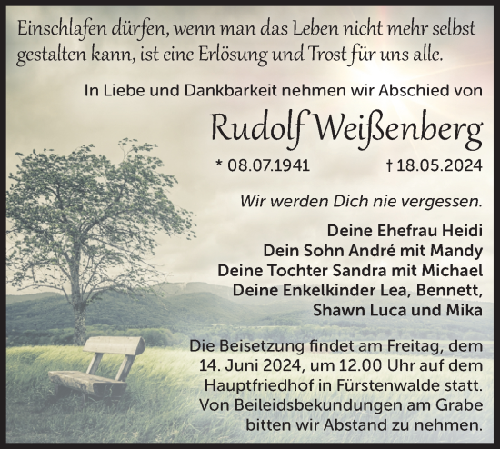 Traueranzeige von Rudolf Weißenberg von Märkische Oderzeitung