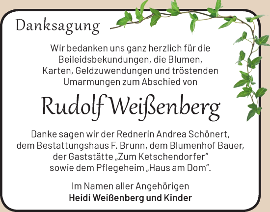 Traueranzeige von Rudolf Weißenberg von Märkische Oderzeitung