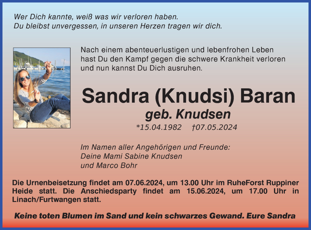  Traueranzeige für Sandra Baran vom 30.05.2024 aus Märkische Oderzeitung