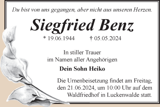 Traueranzeige von Siegfried Benz von Märkische Oderzeitung