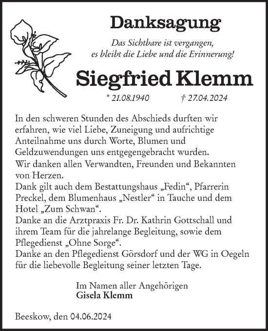 Traueranzeige von Siegfried Klemm von Märkische Oderzeitung