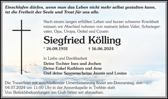 Traueranzeige von Siegfried Kölling von Märkische Oderzeitung