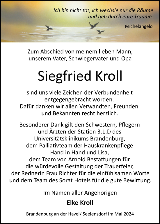 Traueranzeige von Siegfried Kroll von Märkische Oderzeitung