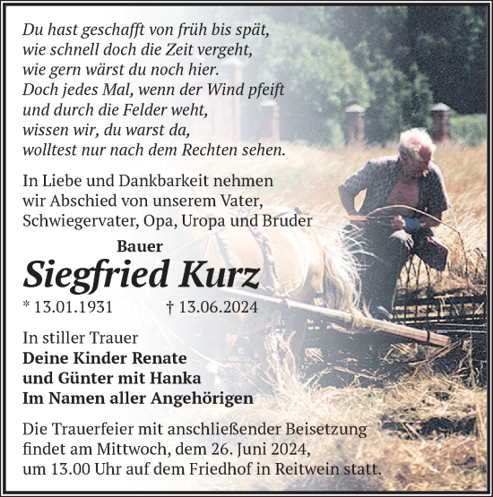 Traueranzeige von Siegfried Kurz von Märkische Oderzeitung