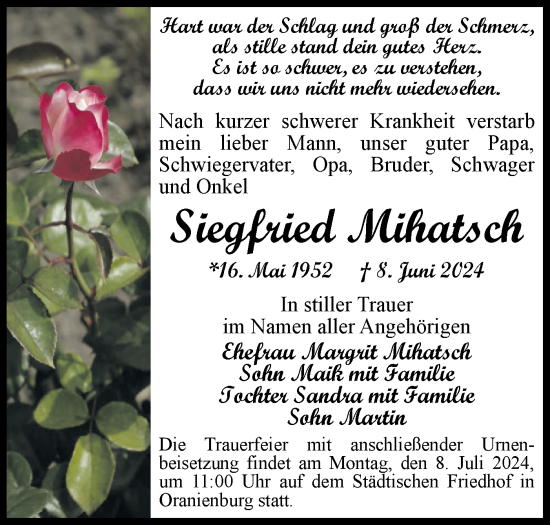 Traueranzeige von Siegfried Mihatsch von Märkische Oderzeitung