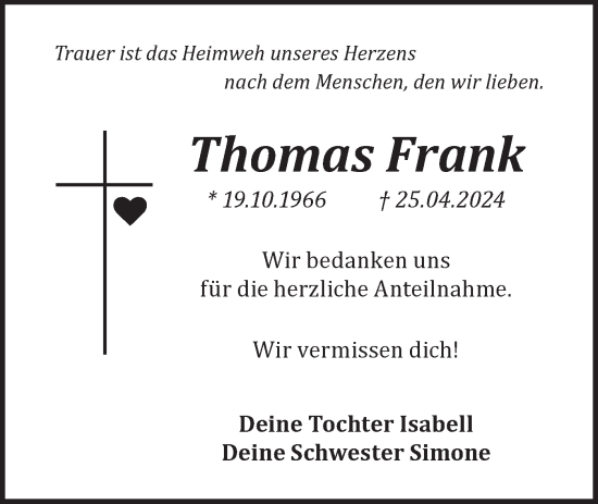 Traueranzeige von Thomas Frank von Märkische Oderzeitung