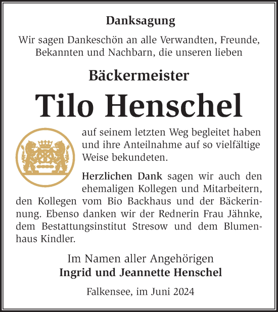 Traueranzeige von Tilo Henschel von Märkische Oderzeitung