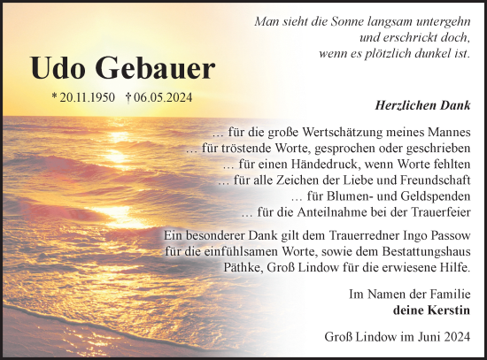 Traueranzeige von Udo Gebauer von Märkische Oderzeitung