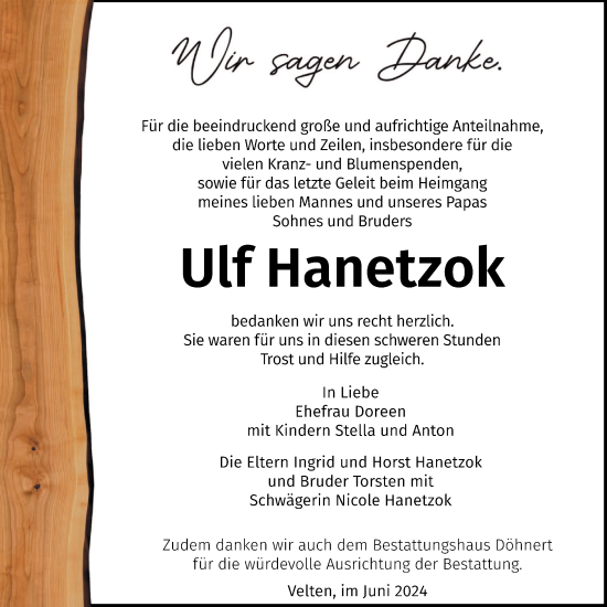 Traueranzeige von Ulf Hanetzok von Märkische Oderzeitung