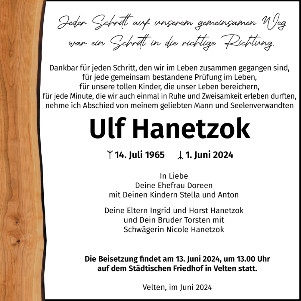  Traueranzeige für Ulf Hanetzok vom 08.06.2024 aus Märkische Oderzeitung