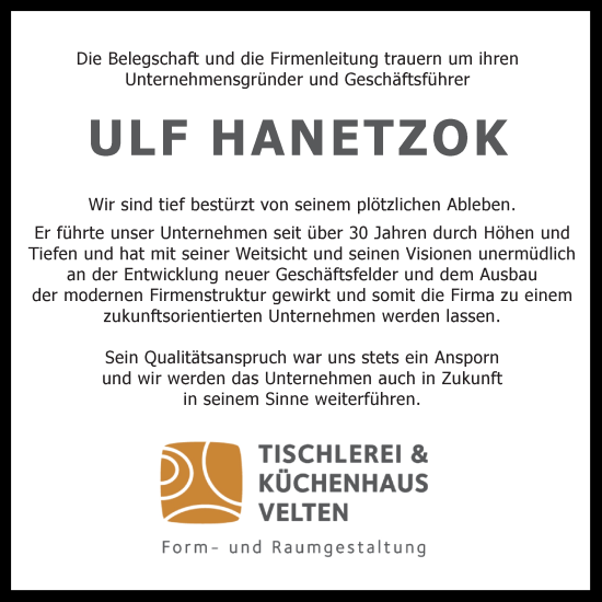 Traueranzeige von Ulf Hanetzok von Märkische Oderzeitung