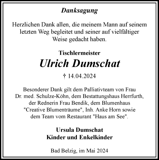 Traueranzeige von Ulrich Dumschat von Märkische Oderzeitung