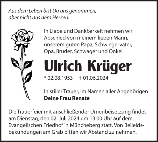 Traueranzeige von Ulrich Krüger von Märkische Oderzeitung