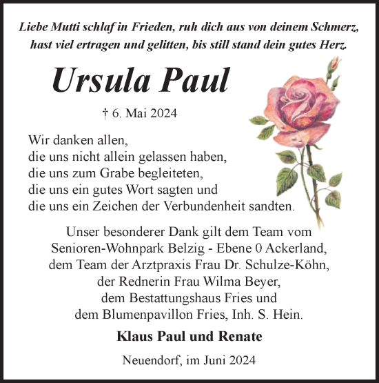 Traueranzeige von Ursula Paul von Märkische Oderzeitung