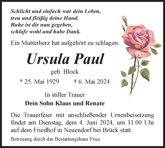 Traueranzeige von Ursula Paul von Märkische Oderzeitung