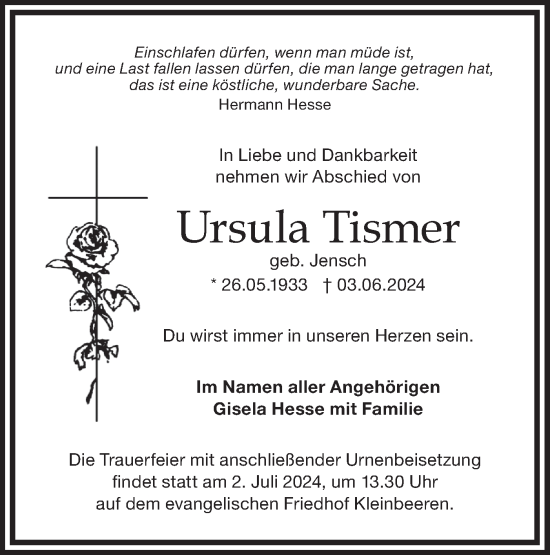 Traueranzeige von Ursula Tismer von Märkische Oderzeitung