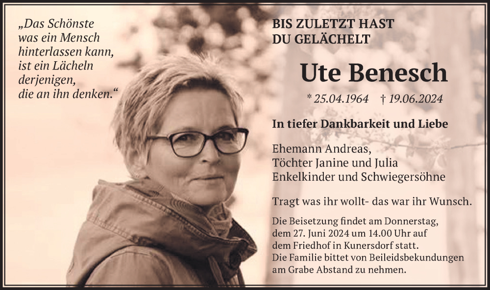  Traueranzeige für Ute Benesch vom 25.06.2024 aus Märkische Oderzeitung