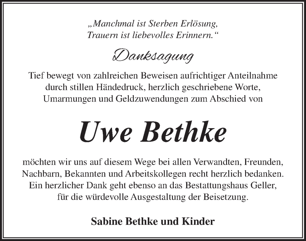  Traueranzeige für Uwe Bethke vom 08.06.2024 aus Märkische Oderzeitung