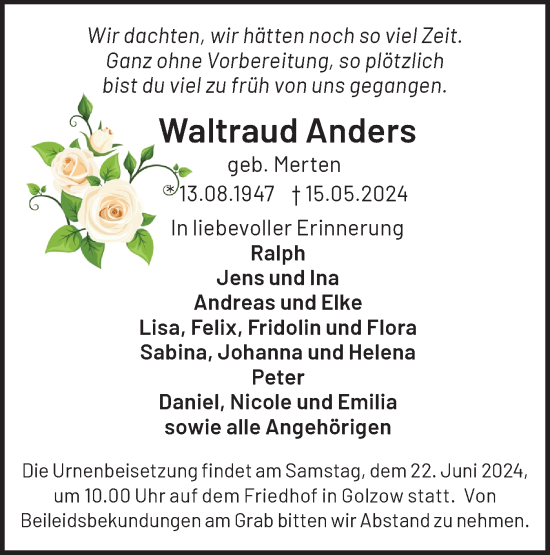 Traueranzeige von Waltraud Anders von Märkische Oderzeitung